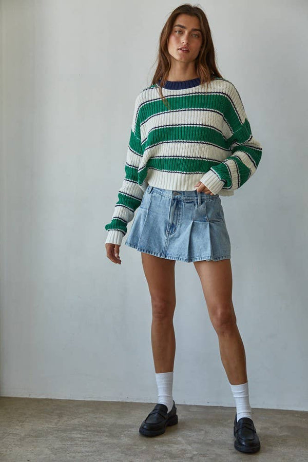 By Together:  Striped Crew Neck Sweater in Cream & Green