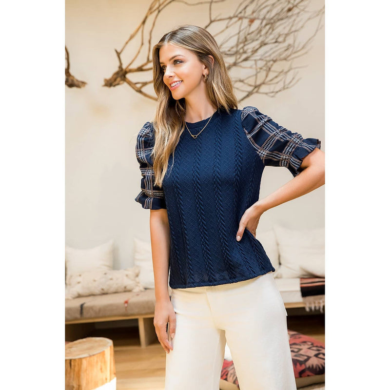 THML: Cable Knit Ruched Sleeve Top