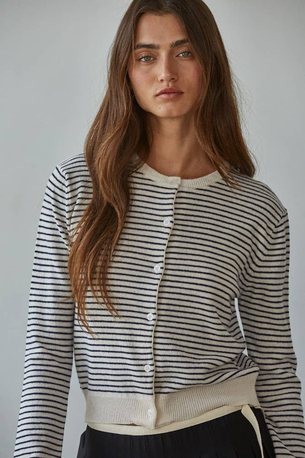 By Together: Striped Crew Neck Cardigan in Natural Black
