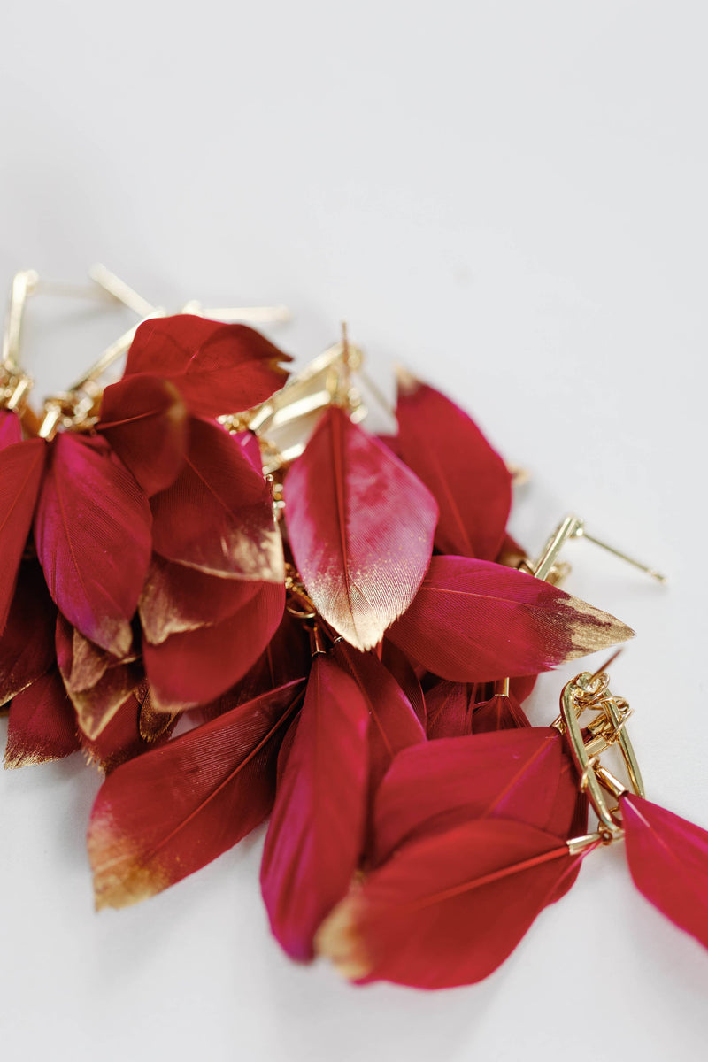 St Armands Designs of Sarasota - Garnet Gold Dipped Fall Feather Statement Earrings