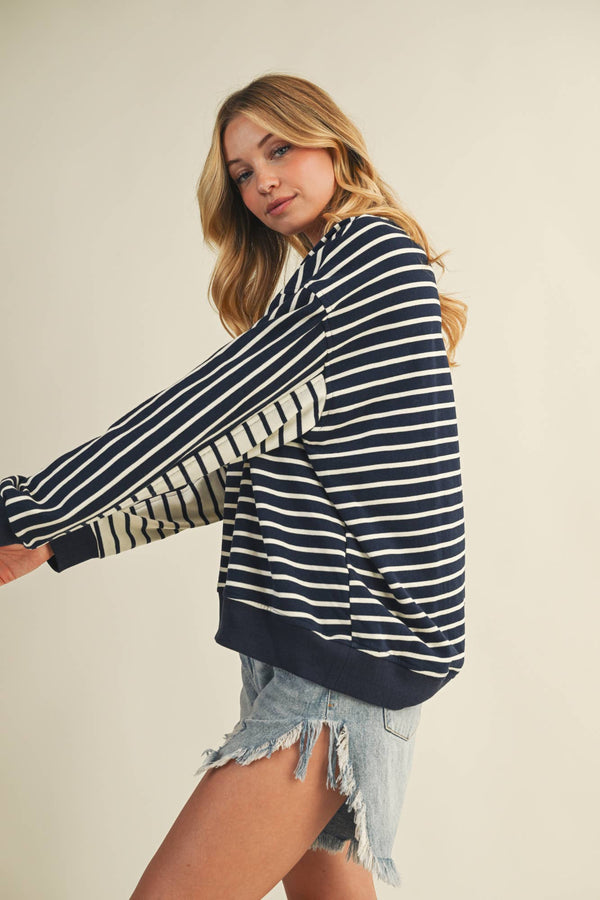 Mustard Seed: Autumn Tide Stripe V-Neck Pullover in Navy and Cream