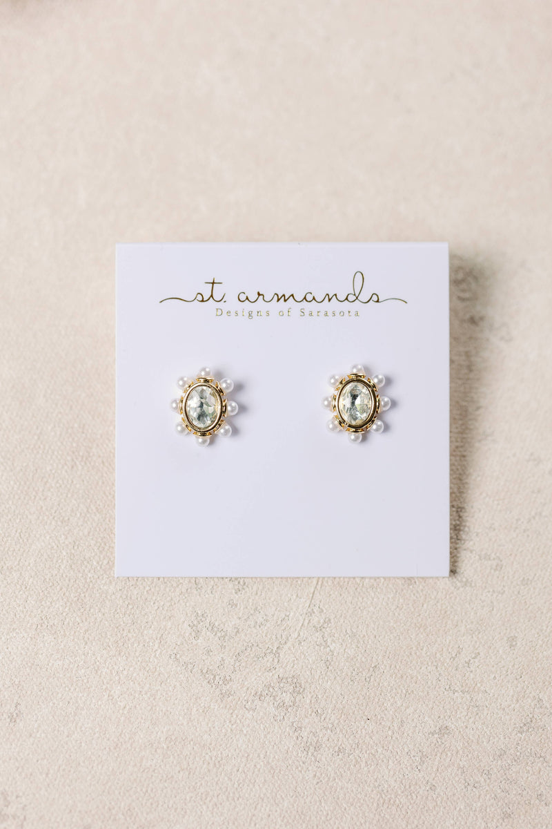 St Armands Designs of Sarasota - Crystal Pearl Oval Stud Earrings