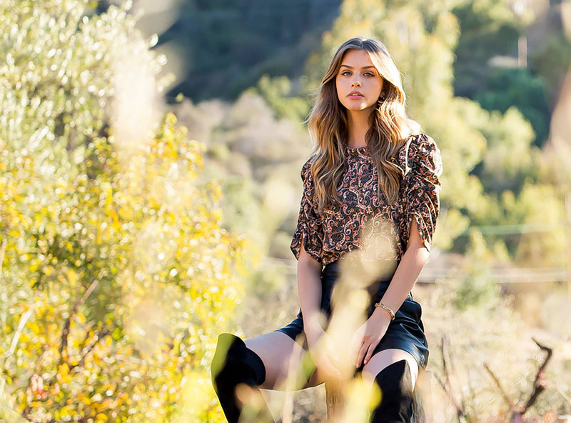 THML: Paisley Flower Print Ruched Sleeve Blouse