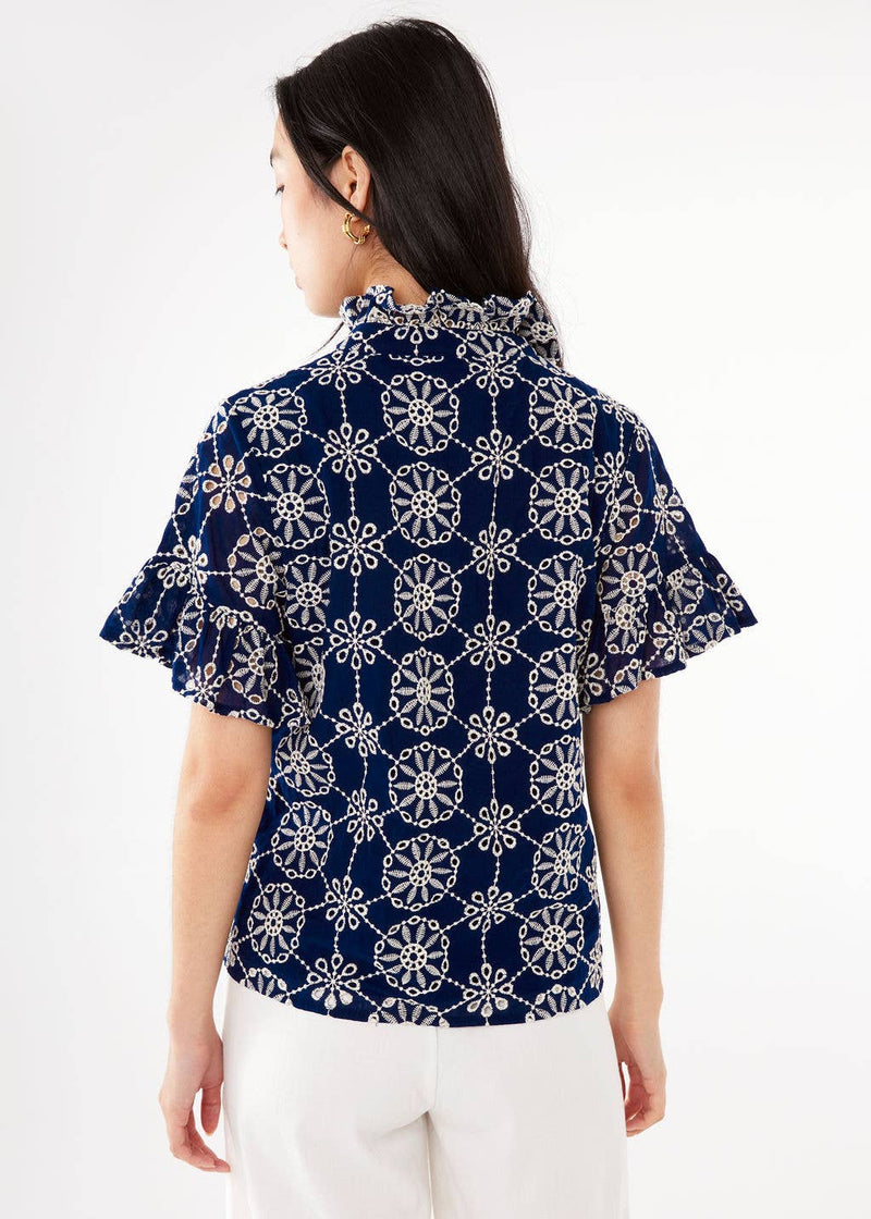 Abbey Glass: Sadie Medallion Print Top in Navy
