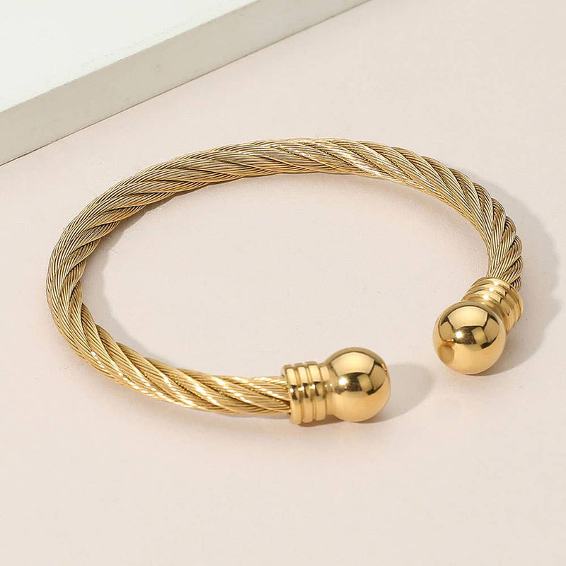 Sensibling Corp: Stainless Steel Polished Ball Tip Cable Cuff Bracelet in Silver