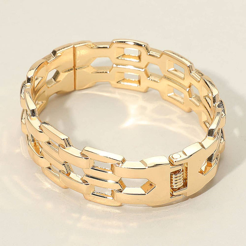 Sensibling Corp: Chunky Flat Link Chain Hinged Bangle Bracelet in Silver/Rhodium