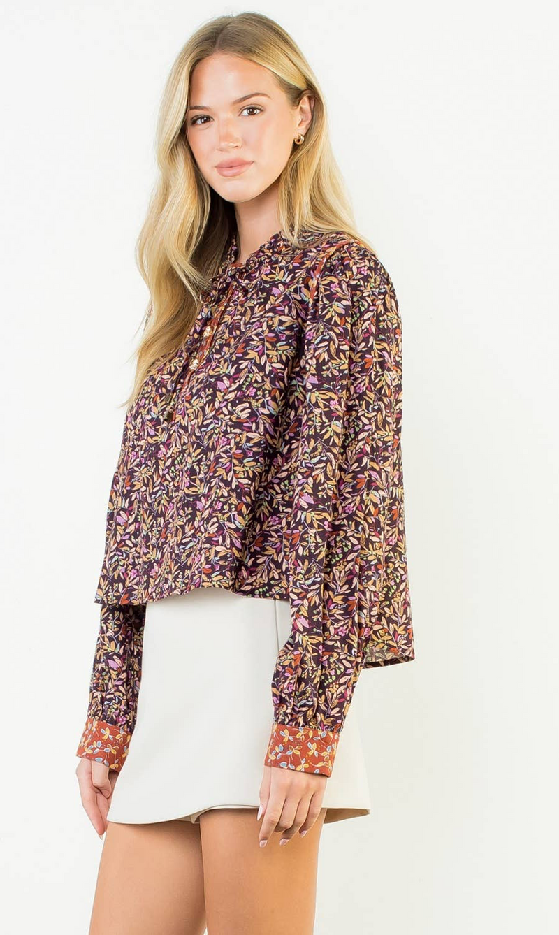 THML:  Leaf Print Band Collar Long Sleeve Blouse