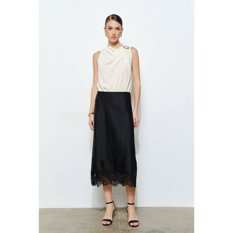 INA - Classic Silky with Lace Hem Midi Skirt: WINE