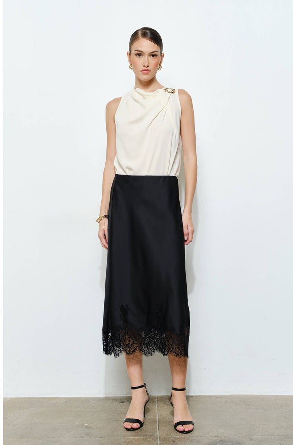 INA: Classic Silky with Lace Hem Midi Skirt in Black