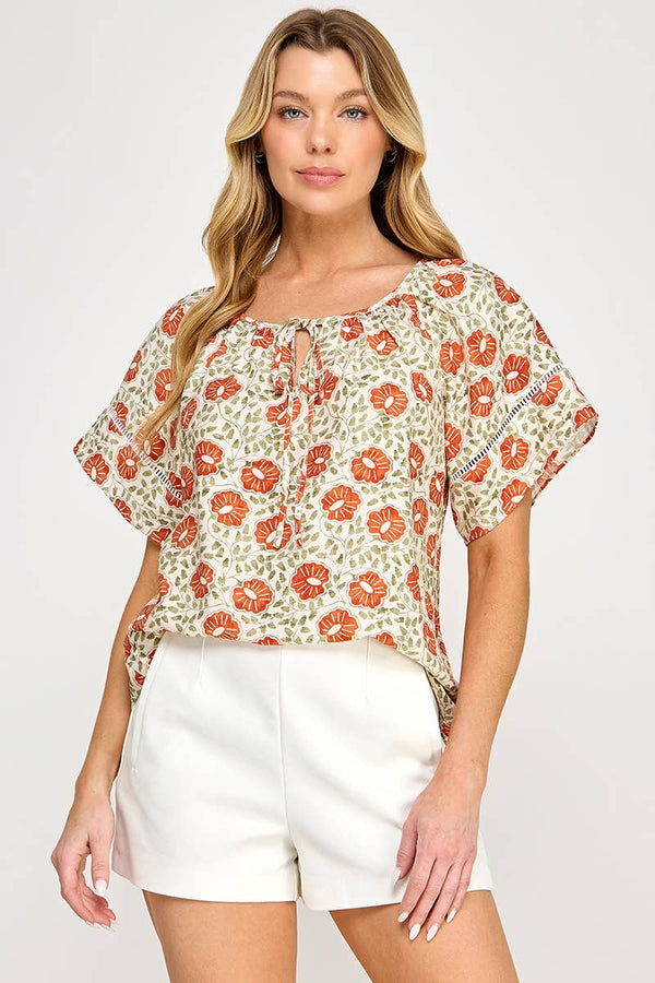 Ellison Round Neck Peasant Blouse: Cream