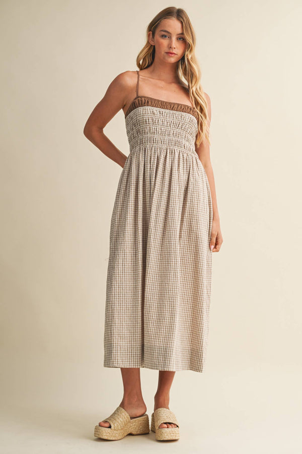 seed gingham midi dress Seed Heritage Gingham Shirred Midi Dress
