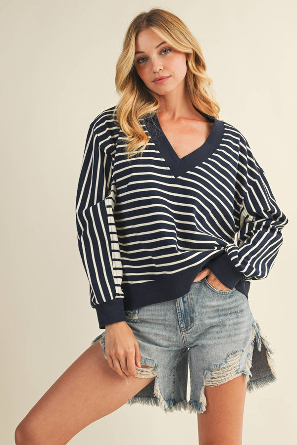 Mustard Seed: Autumn Tide Stripe V-Neck Pullover in Navy and Cream