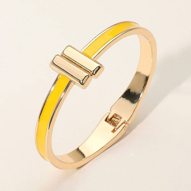 Sensibling Corp: Metal Bar Tip Enamel Hinged Bangle Bracelet in Black