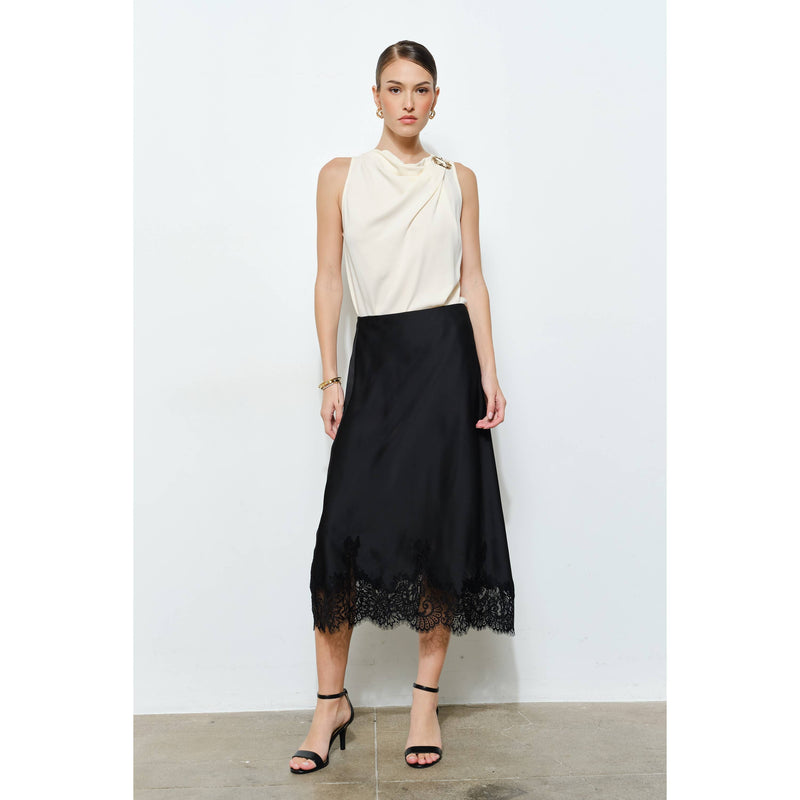 INA - Classic Silky with Lace Hem Midi Skirt: WINE