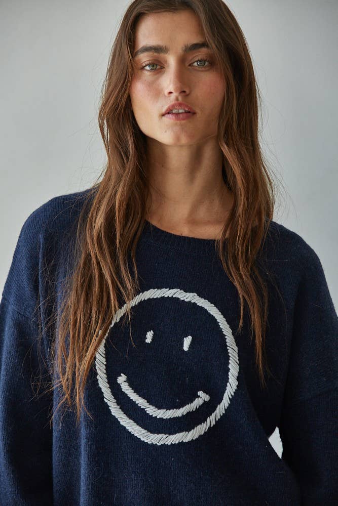 By Together: Knit Sweater Smiley Face in Light Blue