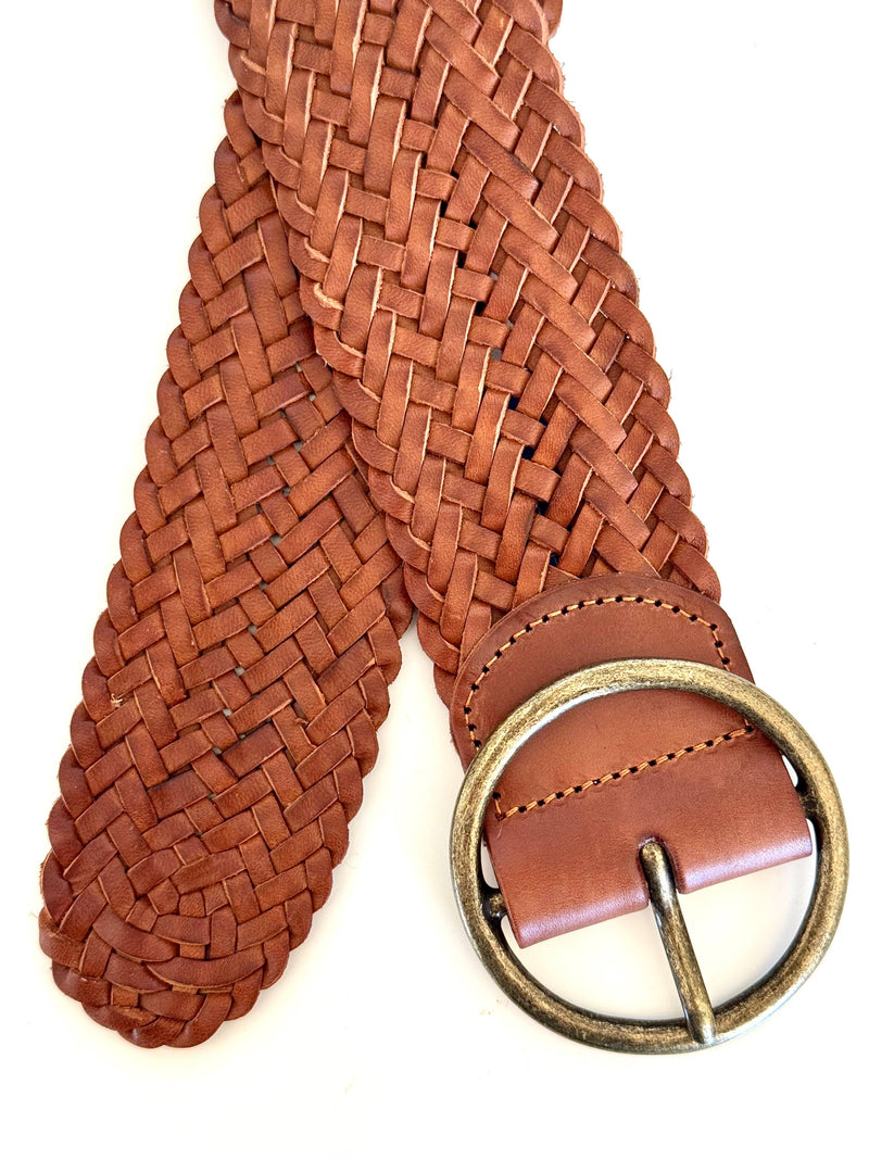 Ginger Blue - Classic Wide Braided Leather Belt in Cognac