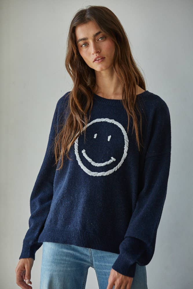 By Together: Knit Sweater Smiley Face in Light Blue