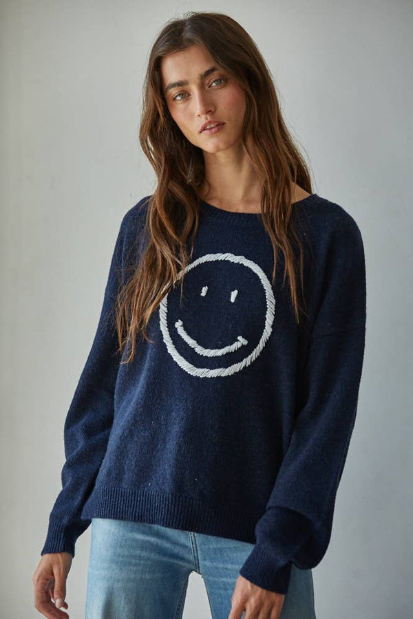 By Together: Knit Sweater Smiley Face in Dark Navy