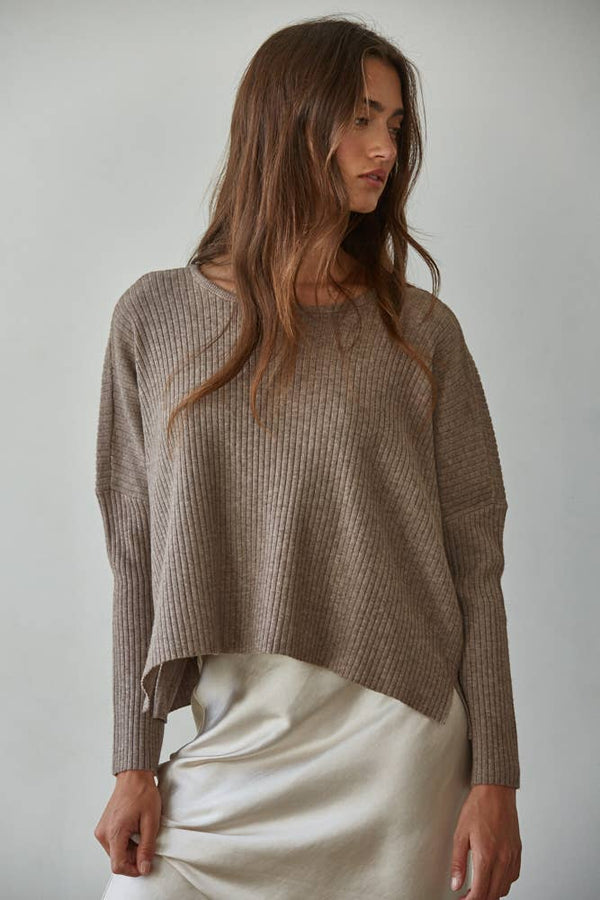 By Together: Ribbed Dolman Sleeve Sweater in Dark Mocha