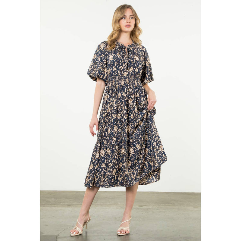 THML - Puff Sleeve Print Tiered Maxi Dress: NAVY