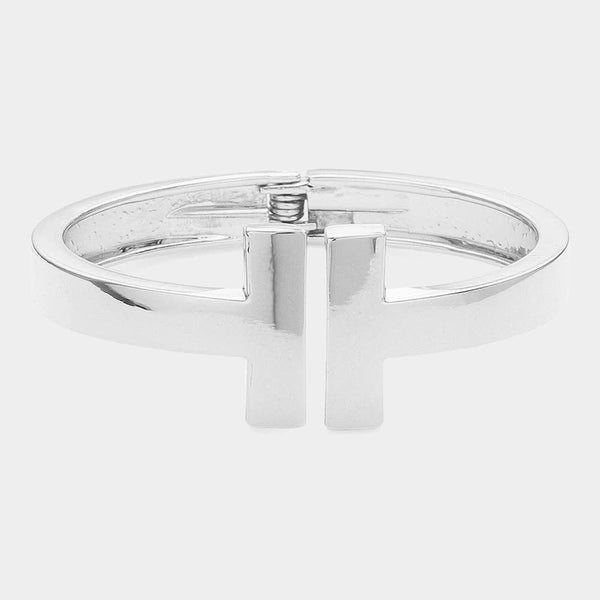 Sensibling Corp: Geometric Metal T Bar Hinged Bangle Bracelet in Silver