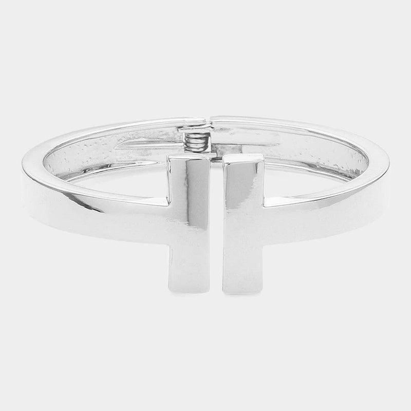 Sensibling Corp: Geometric Metal T Bar Hinged Bangle Bracelet in Silver