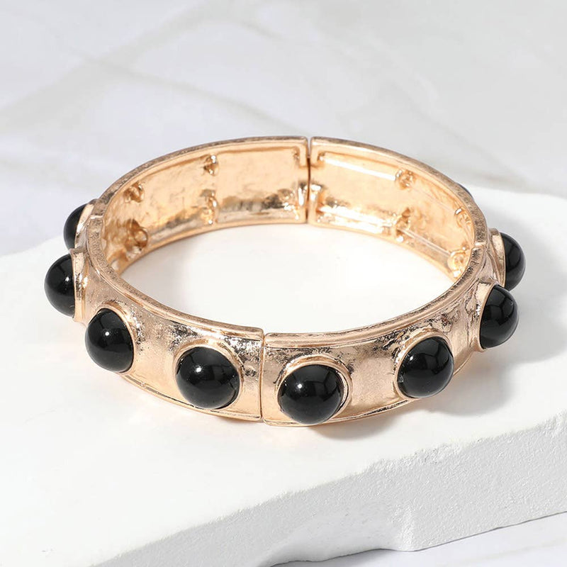 Sensibling Corp: Bead Pearl Embellished Hammered Metal Stretch Bracelet in Blue