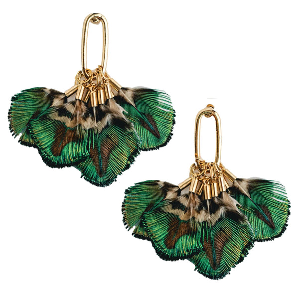 St Armands Designs of Sarasota - Mallard Fall Feather Tassel Statement Earrings