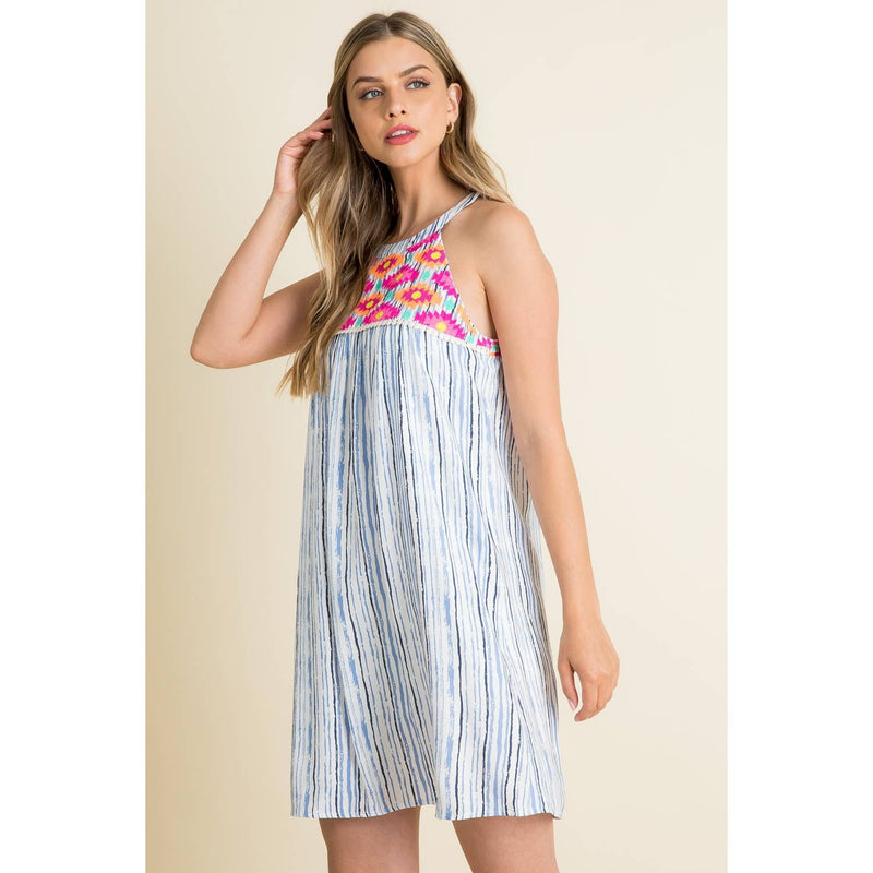 THML - Stripe Embroidered Halter Dress: