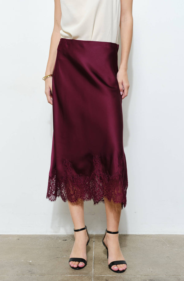 INA - Classic Silky with Lace Hem Midi Skirt: WINE