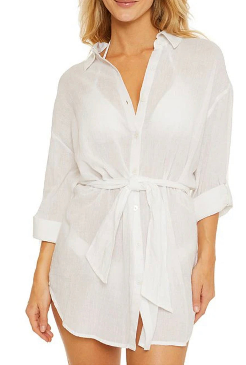 Gauzy Button Front Collared Blouson Cover-Up Dress