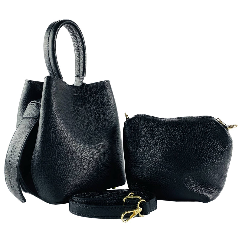 Kaili mood / RENATO BORZATTA - Italy since 1978 - - Bucket Bag with Clutch and Shoulder Strap in Genuine Leather Col.Black