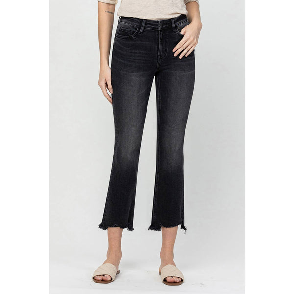Flying Monkey - MID RISE RELEASED DISTRESS HEM CROP FLARE IN WASHED BLACK