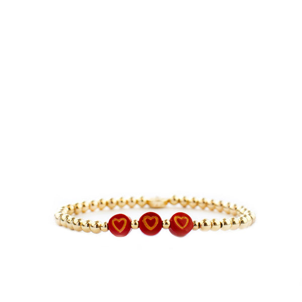Marlyn Schiff - triple heart charm ball bracelet: Gold/Red