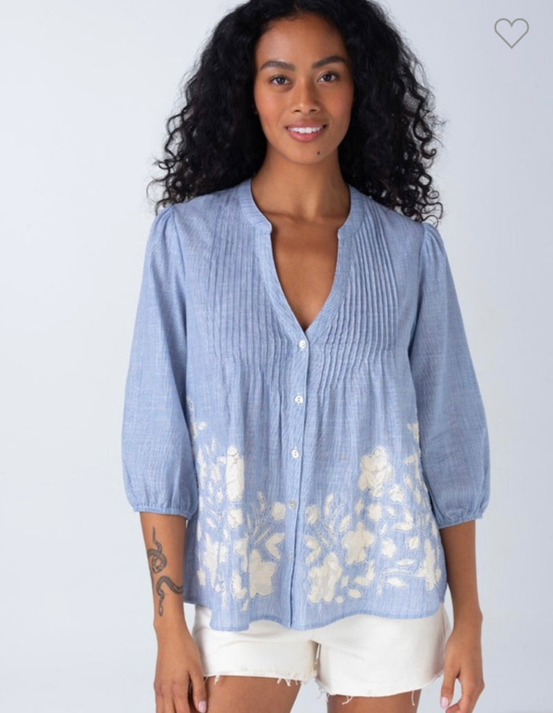 LOVESTITCH-Embroidered 3/4 Sleeve Button Down Blouse