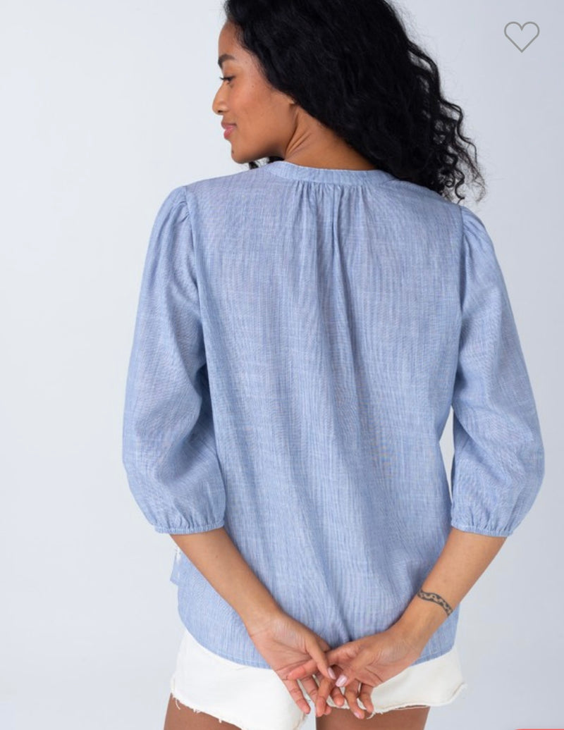 LOVESTITCH-Embroidered 3/4 Sleeve Button Down Blouse
