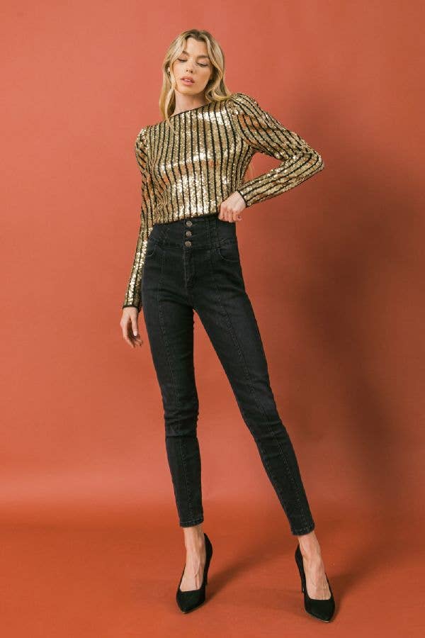 FLYING TOMATO - A gold stripe sequin top