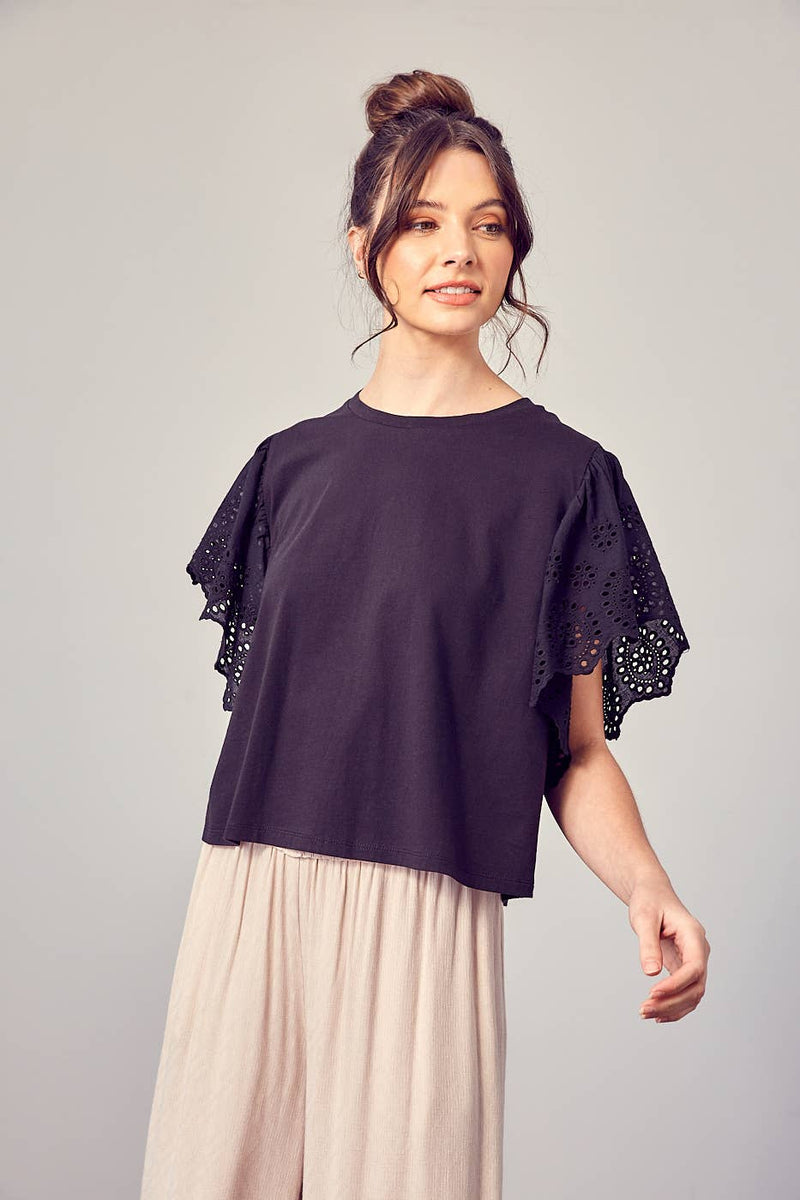 Mustard Seed - Black Cotton Top With Eyelet Sleeve