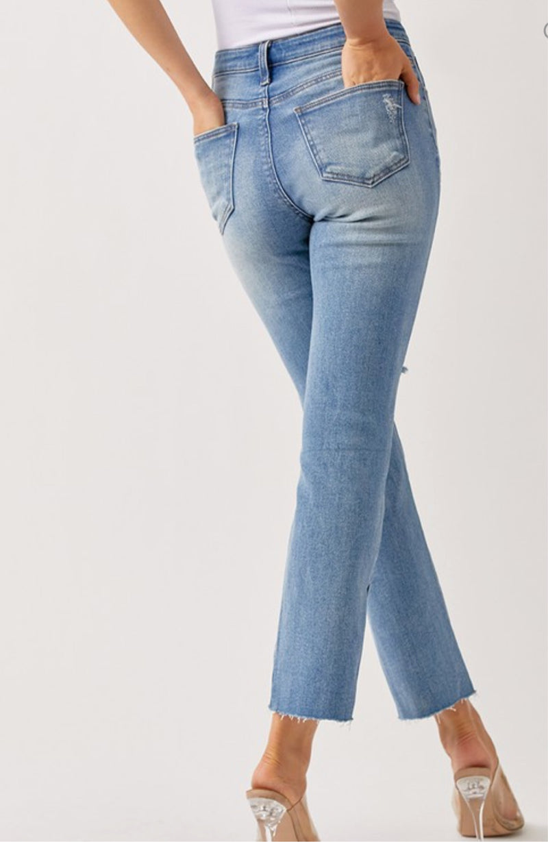 Risen- Distressed Straight Leg Jeans With Ankle Slit