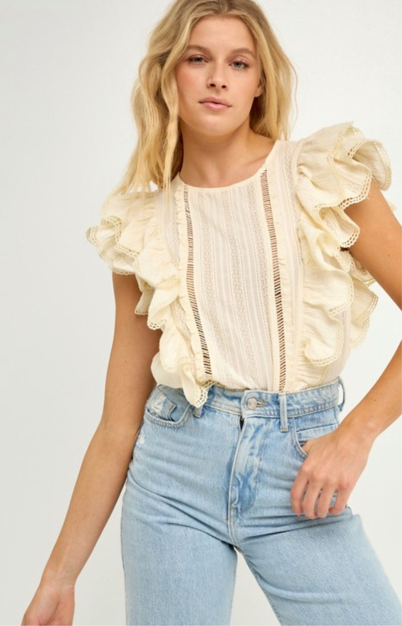 Free The Roses- Embroidered Scallop Ruffle Top
