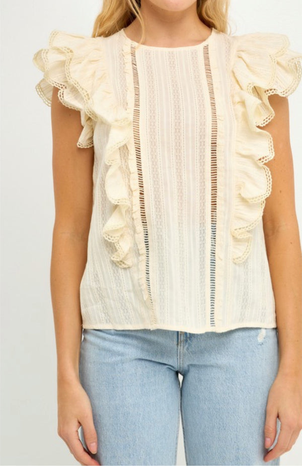 Free The Roses- Embroidered Scallop Ruffle Top